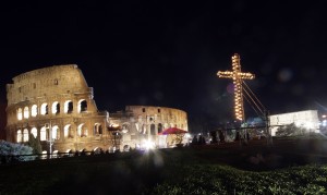 ROME - APRIL 02:  The Colosseum is shown during the Way Of The Cross procession presided by Pope Benedict XVI  on Good Friday on April 2, 2010 in Rome, Italy. The pontiff led the procession amid tightened security in response to protests over the Church's alleged coverup of a widening sex abuse scandal in Europe.  (Photo by Franco Origlia/Getty Images)