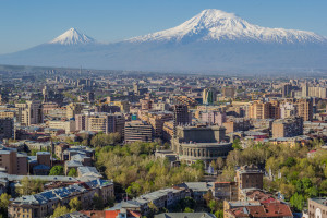 Mount Ararat and the Yerevan skyline. The Opera house is visible in the center.