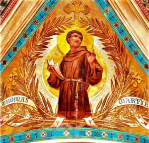 01-Tommaso Martire dipinto sulla volta della chiesa di San Catervo1 Il beato Tommaso nel dipinto di Francesco Ferranti realizzato nel 1915 sulla volta dell’abside delle Cattedrale di San Catervo nella lunetta vicina al transetto della navata destra (foto Ugo Ottaviani)