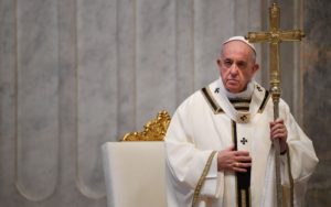Pope Francis looks on as he celebrates Easter Sunday Mass on April 12, 2020 behind closed doors at St. Peter's Basilica in The Vatican, during the lockdown aimed at curbing the spread of the COVID-19 infection, caused by the novel coronavirus. (Photo by Andreas SOLARO / POOL / AFP) (Photo by ANDREAS SOLARO/POOL/AFP via Getty Images)