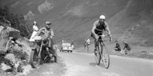 Italian rider Gino Bartali rides uphill on July 25, 1950 in the Pyrenees mountains during the 11th stage of the Tour de France between Pau and Saint-Gaudens. Bartali won the stage but withdrew from the race along with his team following scuffles with spectators. Bartali, who won the Tour de France in 1938 and 1948, died 05 May 2000 at the age of 86 at his Florence home in Tuscany, his son Andrea announced. / AFP PHOTO / AFP FILES / STF