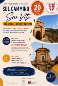 Il manifesto dell'iniziativa che propone un percorso tra Villa Colloredo Mels, Museo Civico e Chiesa di San Vito alla scoperta della storia del patrono di Recanati.